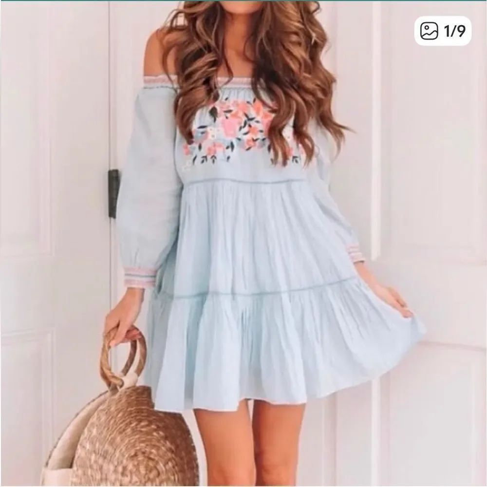 Free People Sunbeams Floral Embroidered Off Shoulder Dress Blue